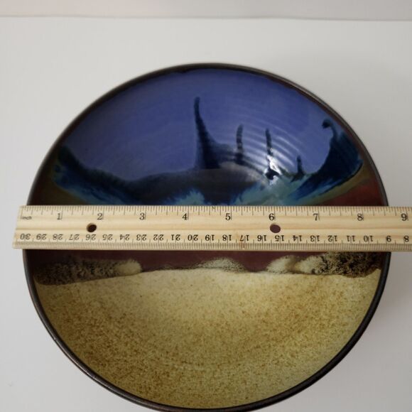 Vintage ADAMS Pottery Signed Wave Hand Painted Round Bowl 8.5" Diameter - Picture 2 of 9